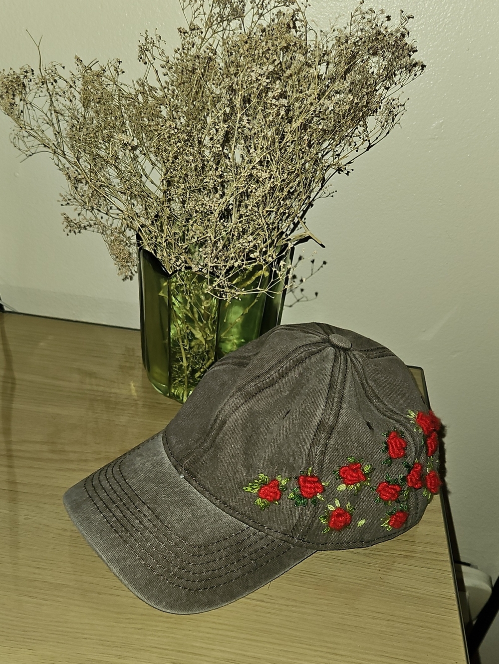 Embroidered Rose Baseball Cap - Gray